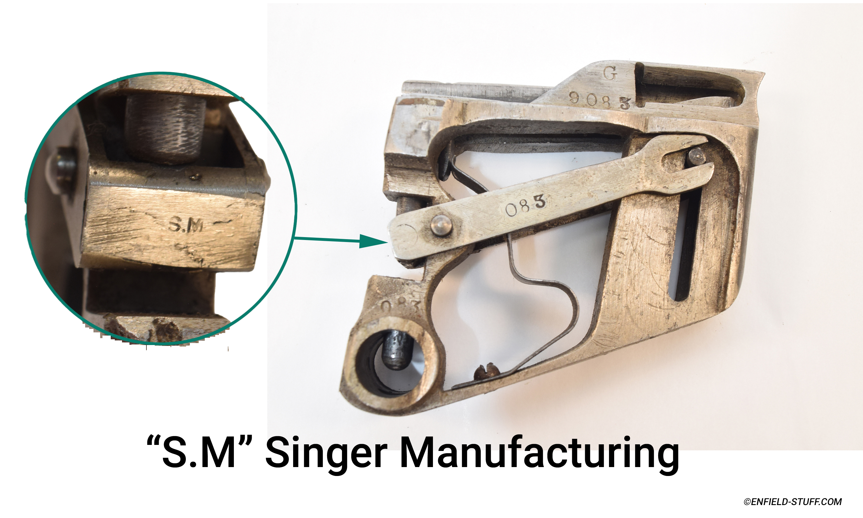 Photos of Singer Manufacturing markings found on the Parker-Hiscock Magazine.